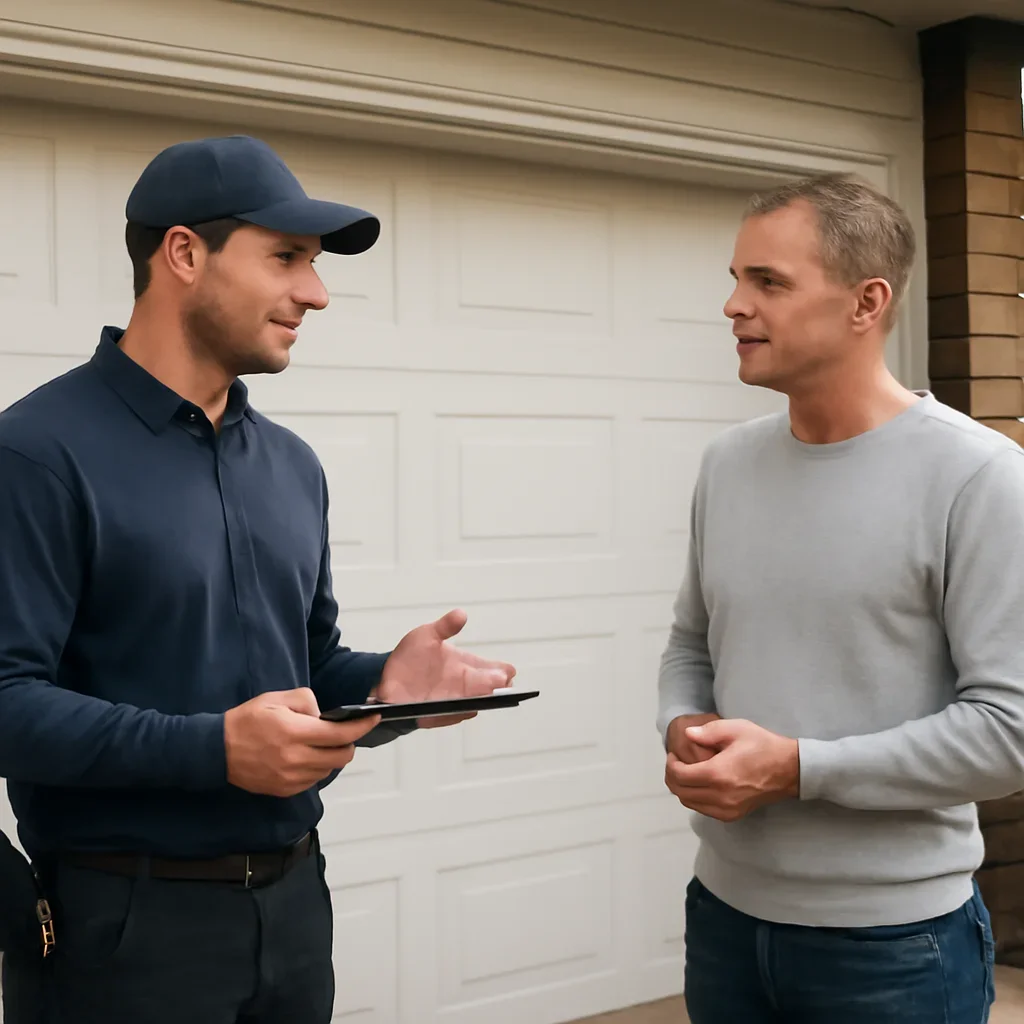 Garage door technician discussing a monthly garage door maintenance check with a North Vancouver homeowner
