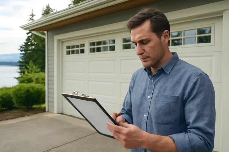 Homeowner reviewing a monthly garage door maintenance check at a residential garage