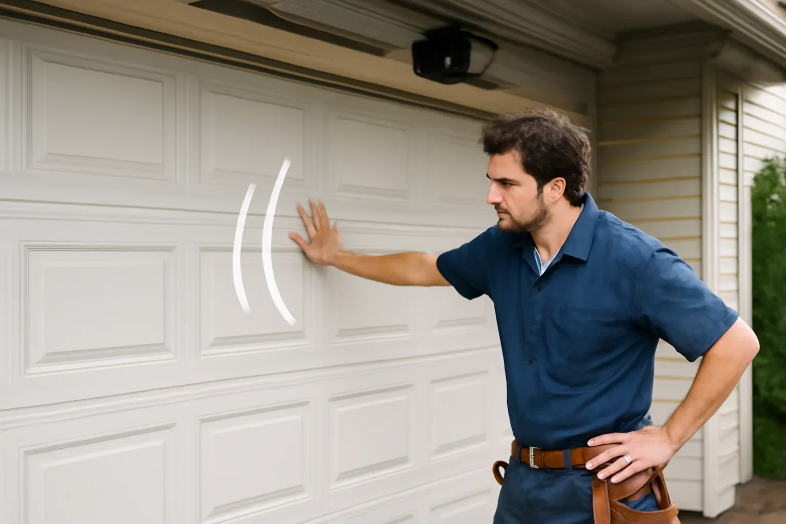 Technician assessing a noisy garage door at a North Vancouver home