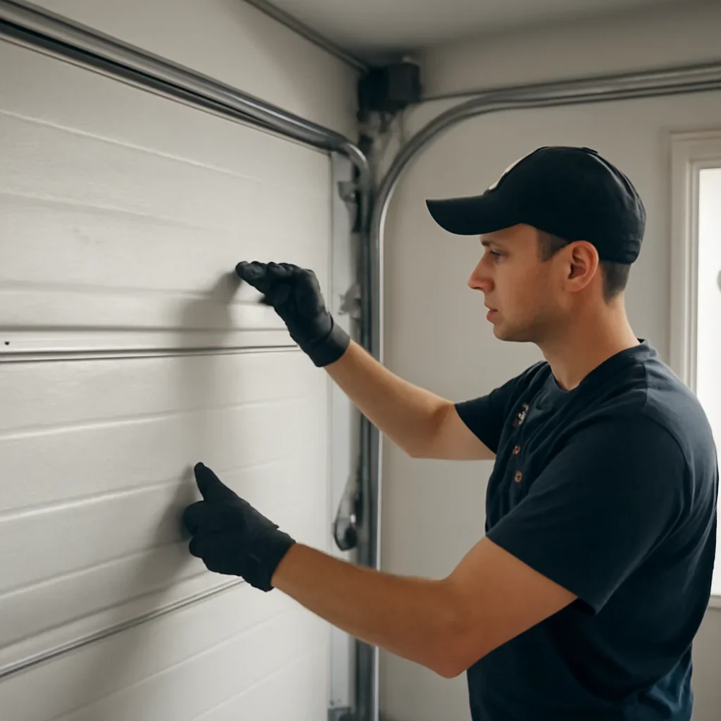 Technician inspecting rollers tracks springs and opener components on a noisy garage door