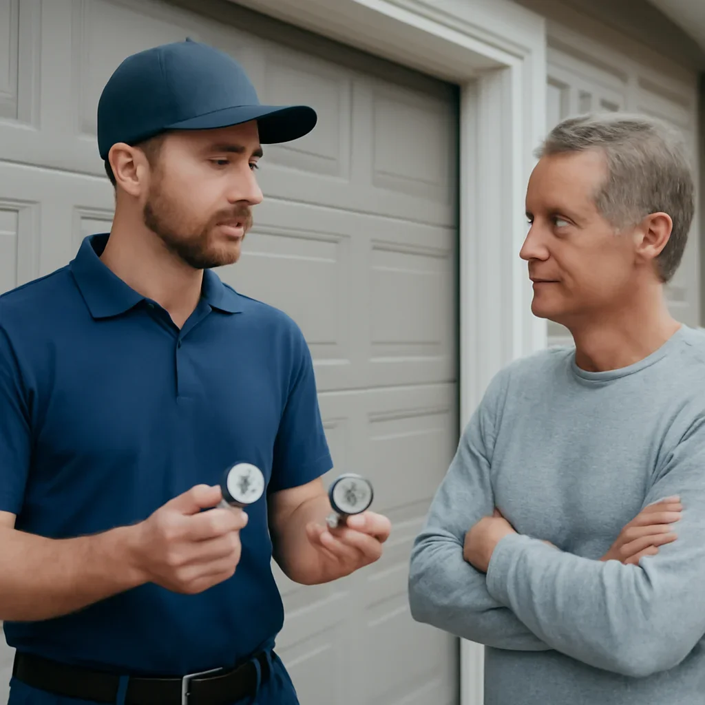 Garage door technician discussing nylon and steel garage door rollers with a North Vancouver homeowner