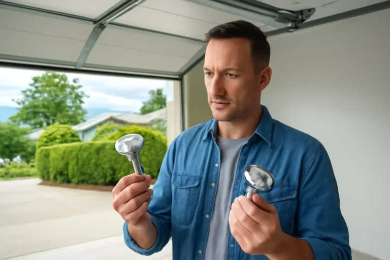 Homeowner reviewing nylon and steel garage door rollers at a residential garage