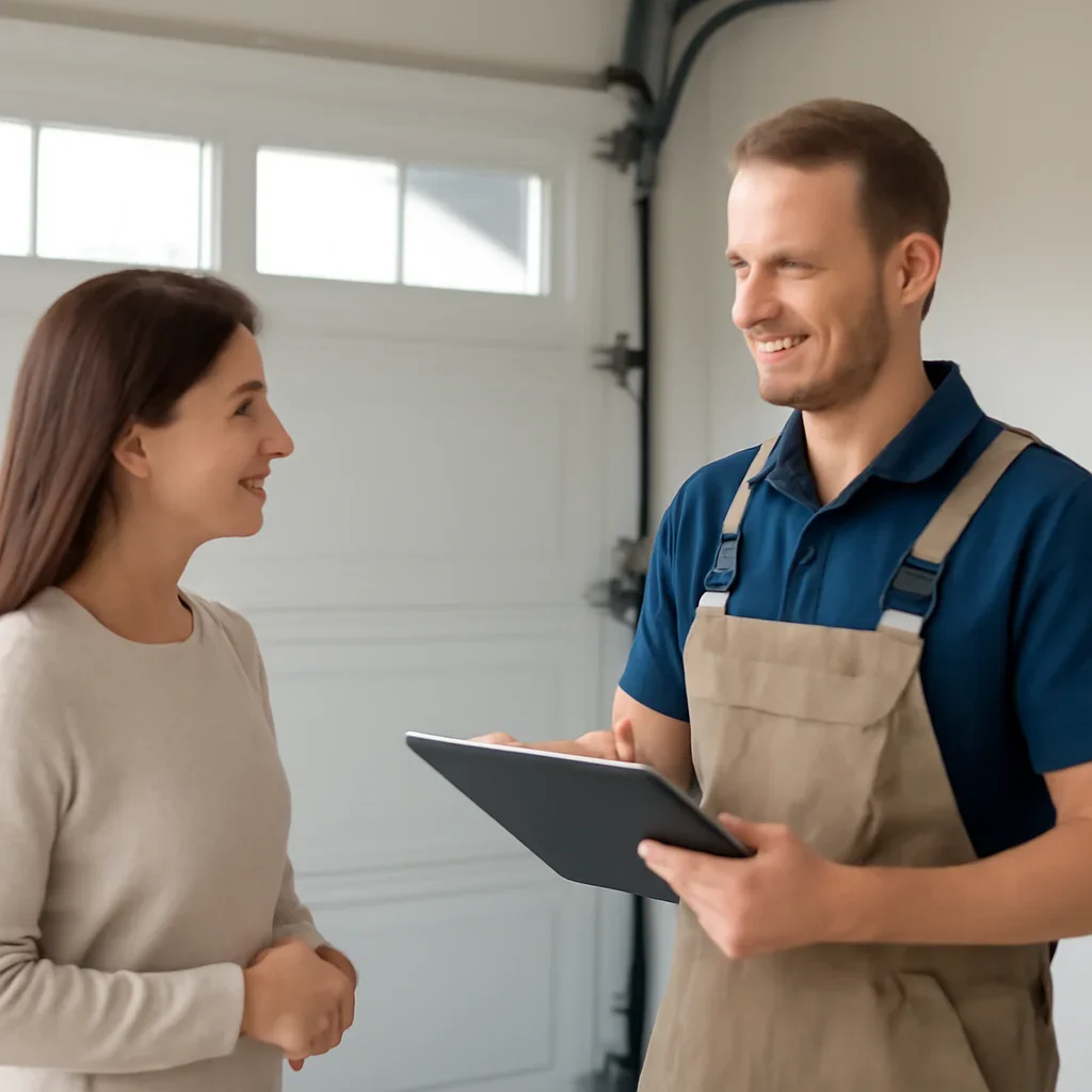 Technician inspecting garage door components before confirming a repair quote