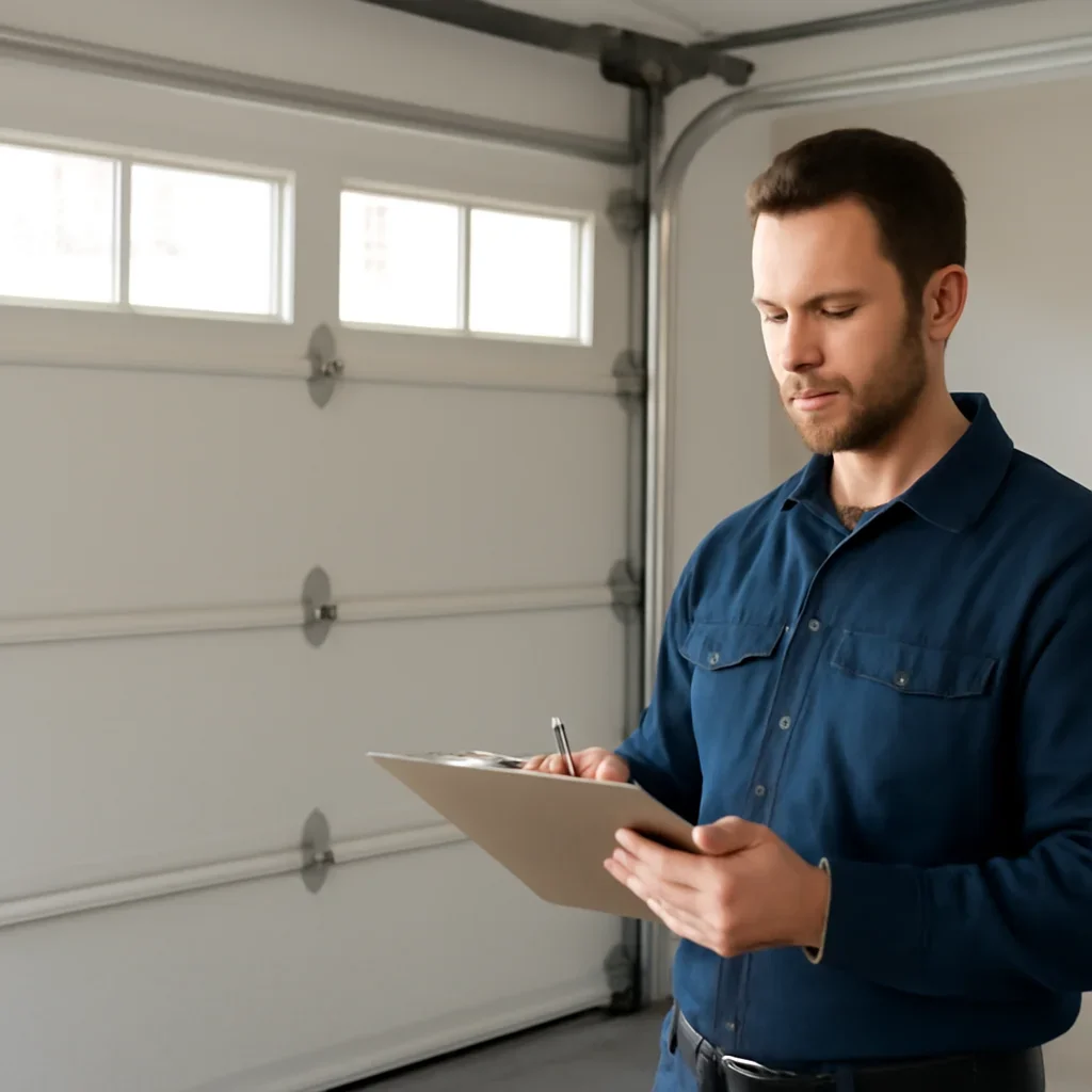 Technician inspecting and adjusting components during questions to ask before hiring a garage door company