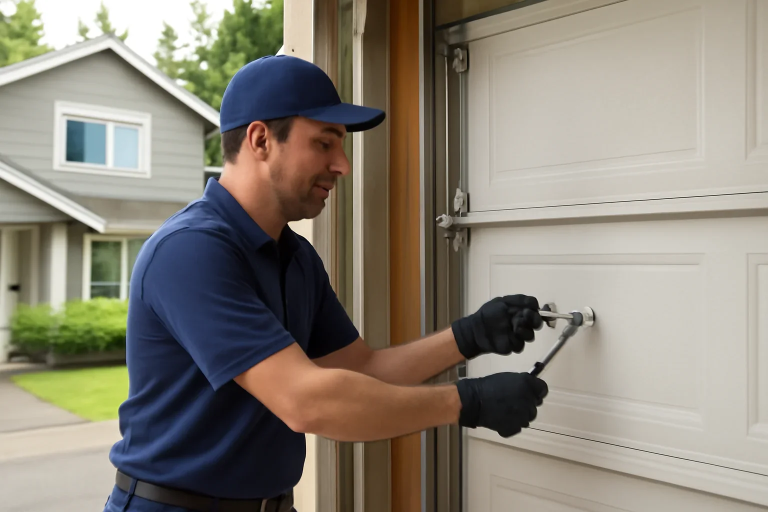 Garage door professional reviewing residential repair options with a North Vancouver homeowner