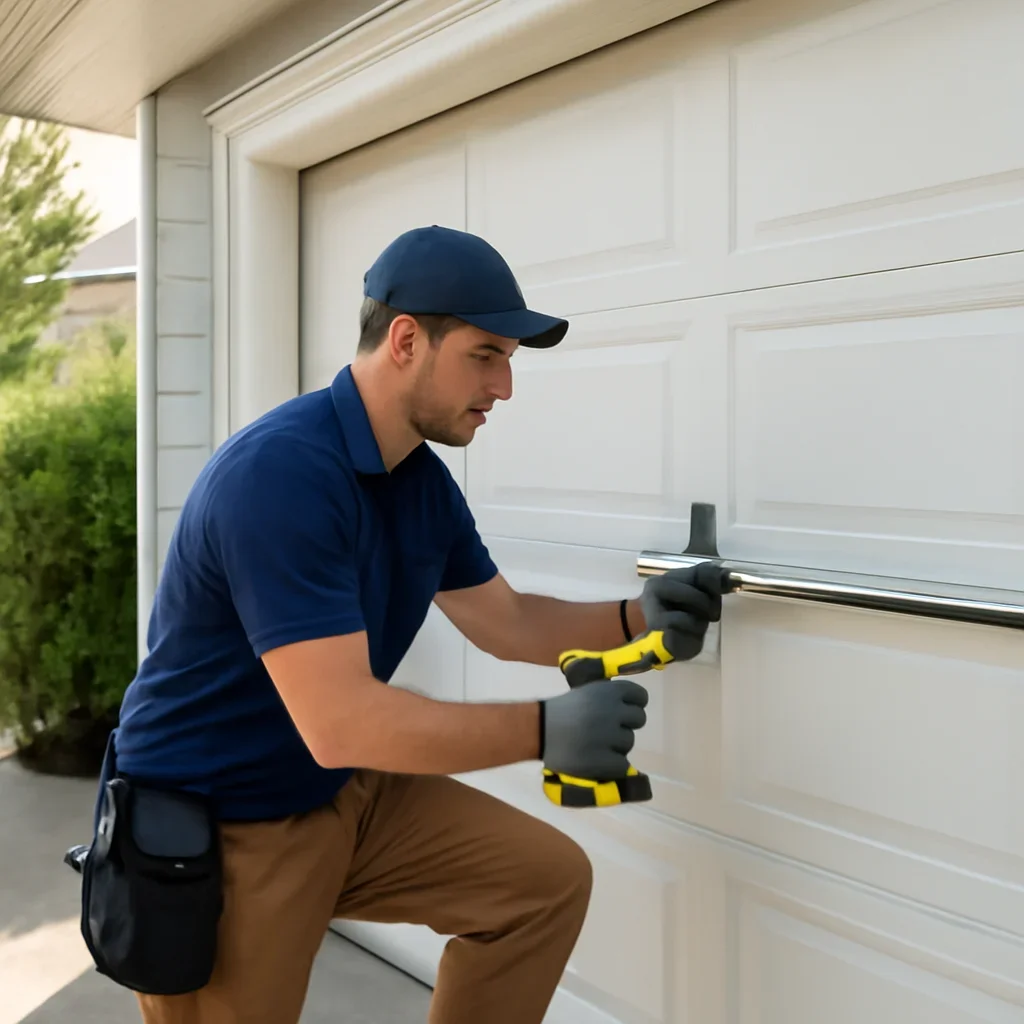 Technician inspecting residential garage door springs, cables, rollers, tracks, and opener