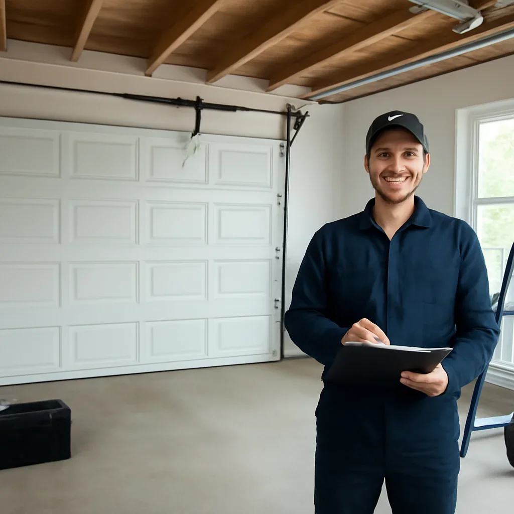 Technician inspecting garage door parts before recommending a North Vancouver service