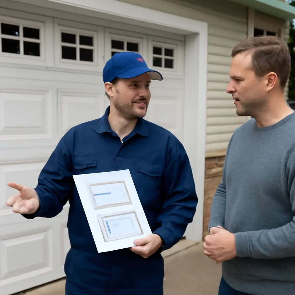Garage door technician discussing single and double garage door layouts with a North Vancouver homeowner
