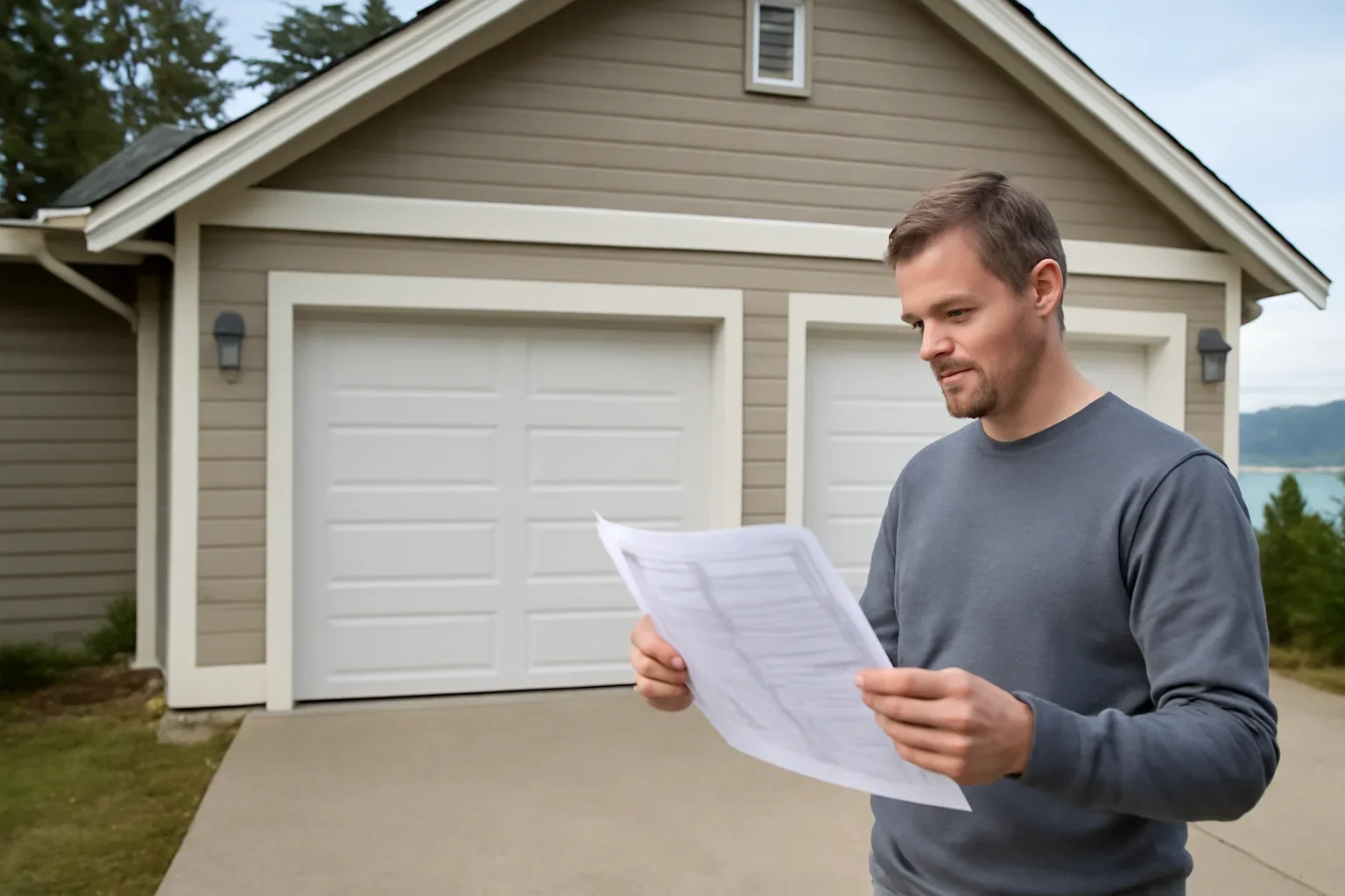 Homeowner reviewing single and double garage door layouts at a residential garage