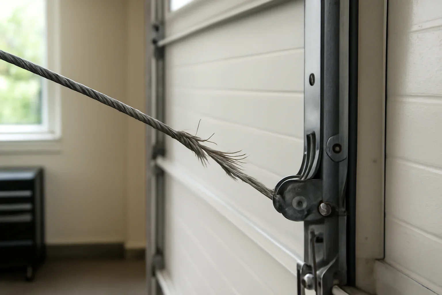 Garage door with a snapped lifting cable in North Vancouver