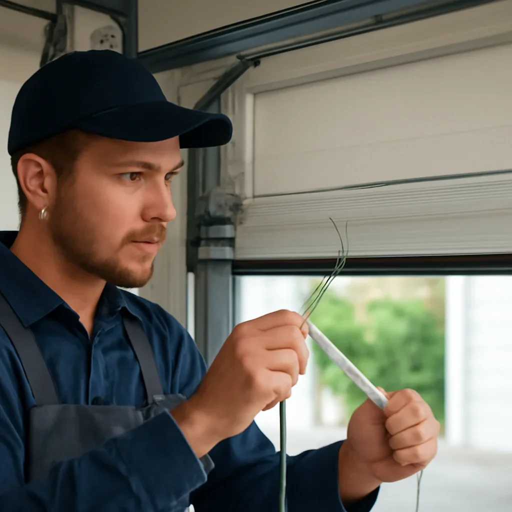 Technician inspecting a garage door lifting cable and related components