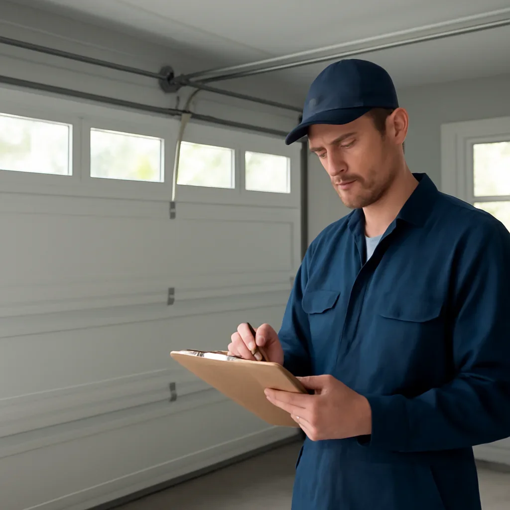 Technician inspecting garage door components during garage door problems work