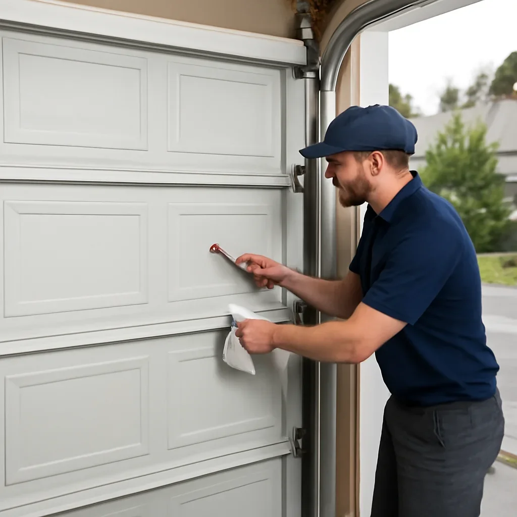 Technician inspecting and adjusting components during spring maintenance: preparing your garage door for rainy weather & snowmelt