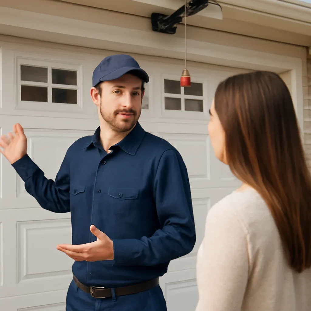Technician inspecting garage door components during a North Vancouver support visit