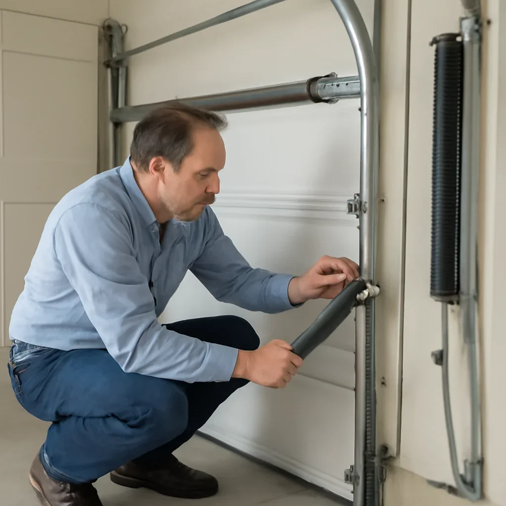 Close inspection of garage door components related to torsion and extension garage door springs