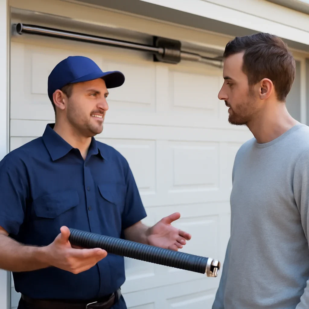 Garage door technician discussing torsion and extension garage door springs with a North Vancouver homeowner