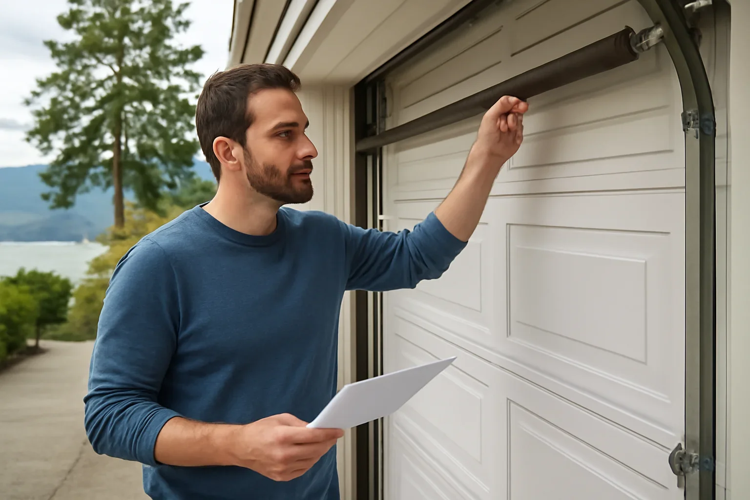 Homeowner reviewing torsion and extension garage door springs at a residential garage