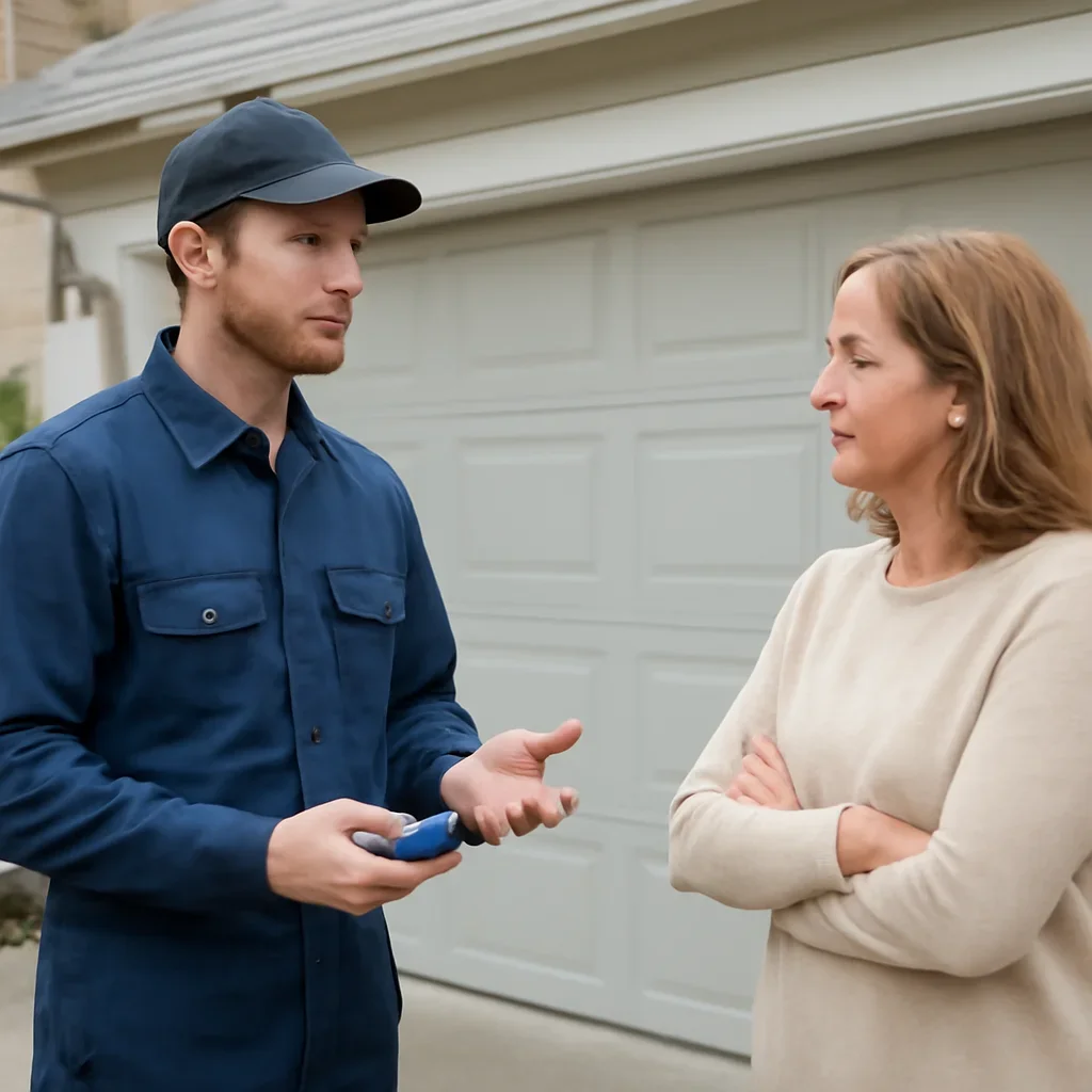 Garage door technician discussing a remote failure when the wall control still works with a North Vancouver homeowner