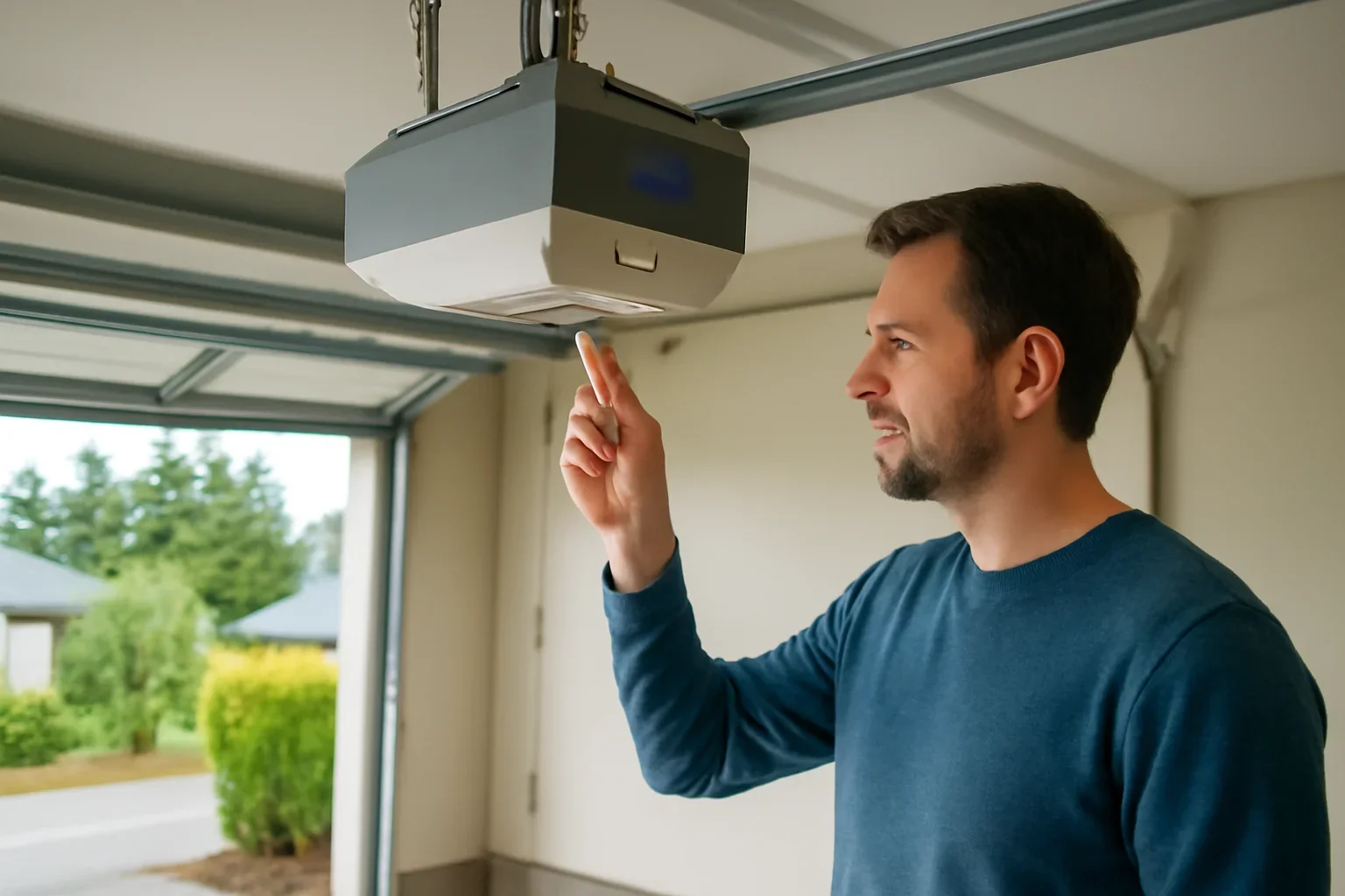 Homeowner reviewing garage door opener diagnostic lights at a residential garage