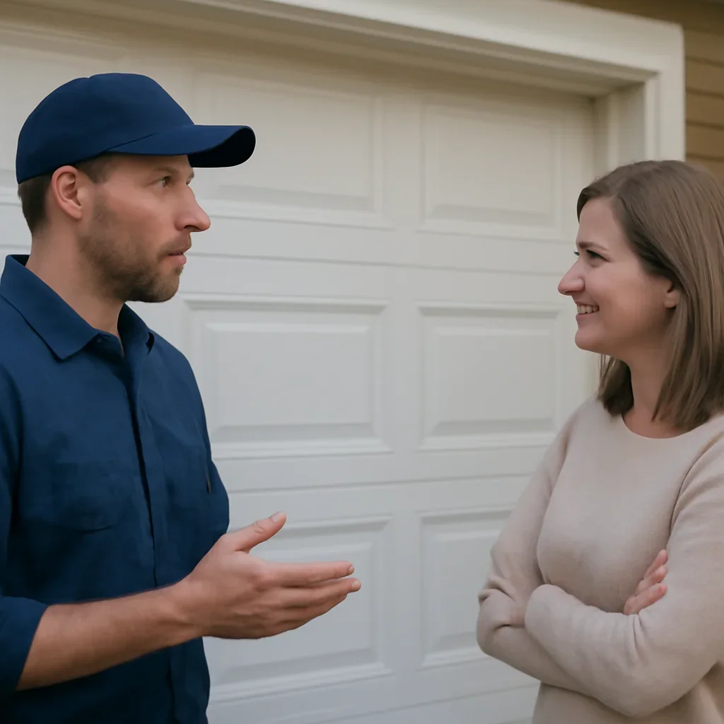 Garage door technician discussing safe garage door troubleshooting limits with a North Vancouver homeowner