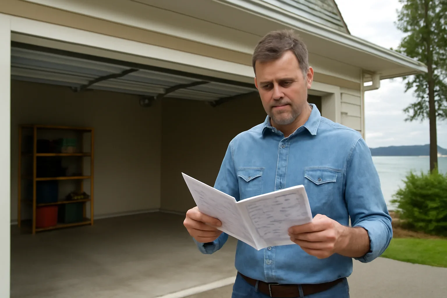Homeowner reviewing safe garage door troubleshooting limits at a residential garage