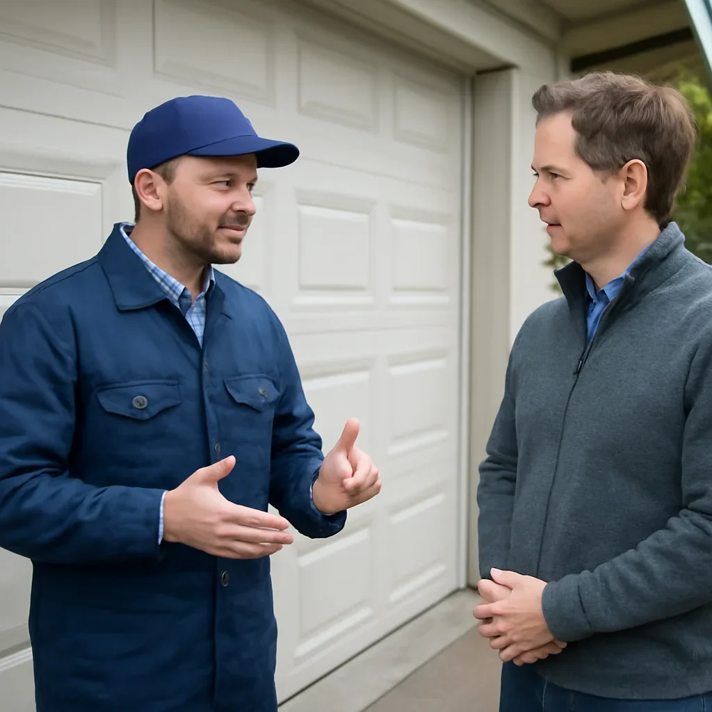 Garage door technician discussing garage door reversal at floor contact with a North Vancouver homeowner