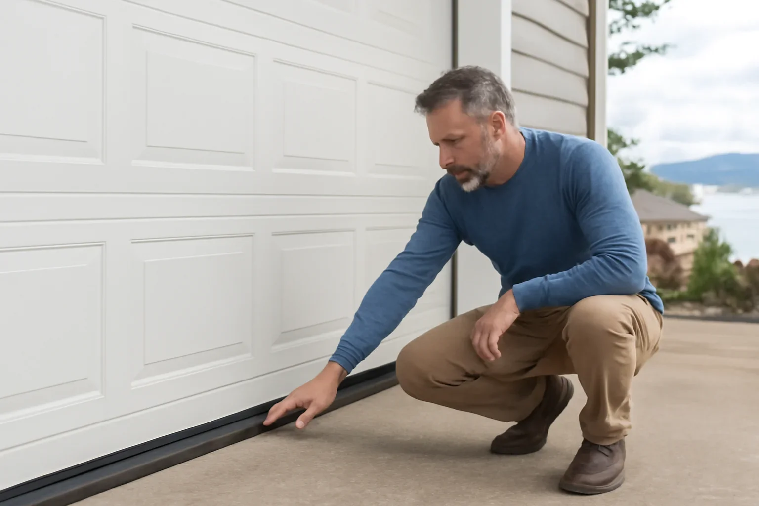 Homeowner reviewing garage door reversal at floor contact at a residential garage