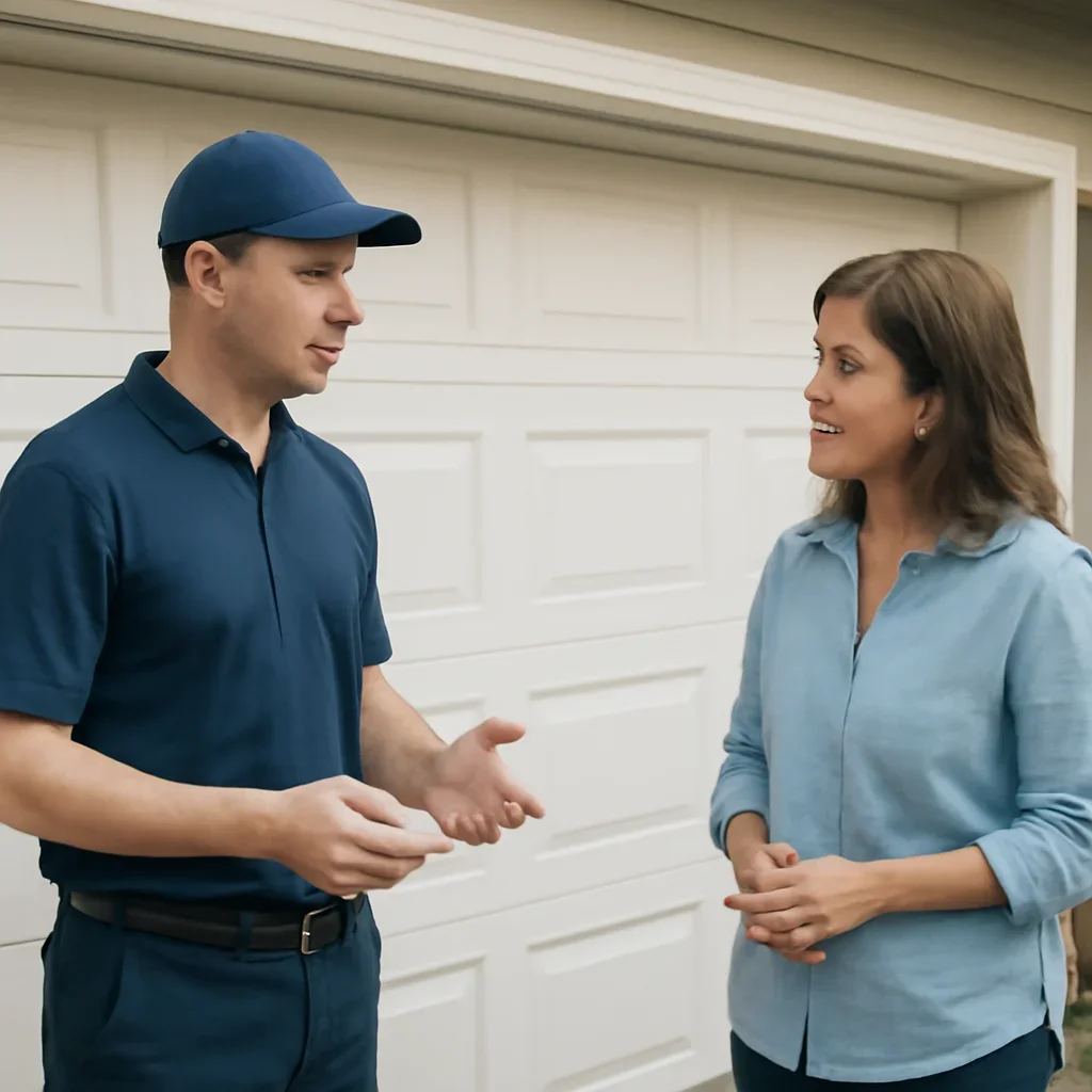 Garage door technician discussing a garage door that feels unusually heavy with a North Vancouver homeowner
