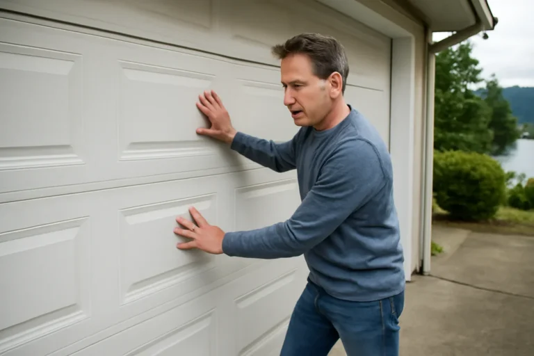 Homeowner reviewing a garage door that feels unusually heavy at a residential garage