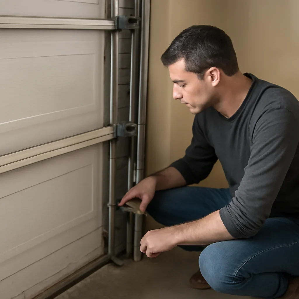 Close inspection of garage door components related to uneven garage door movement