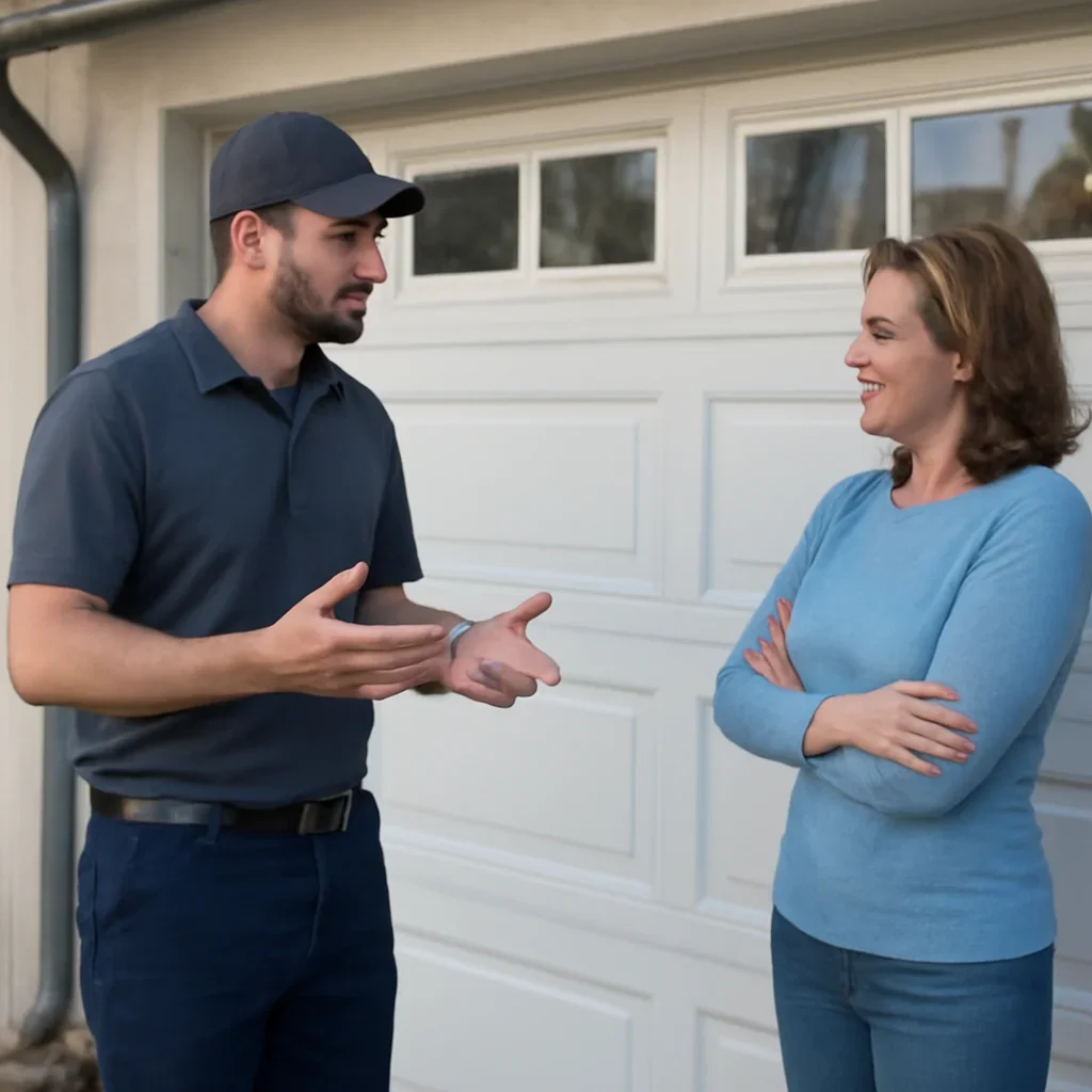 Garage door technician discussing uneven garage door movement with a North Vancouver homeowner