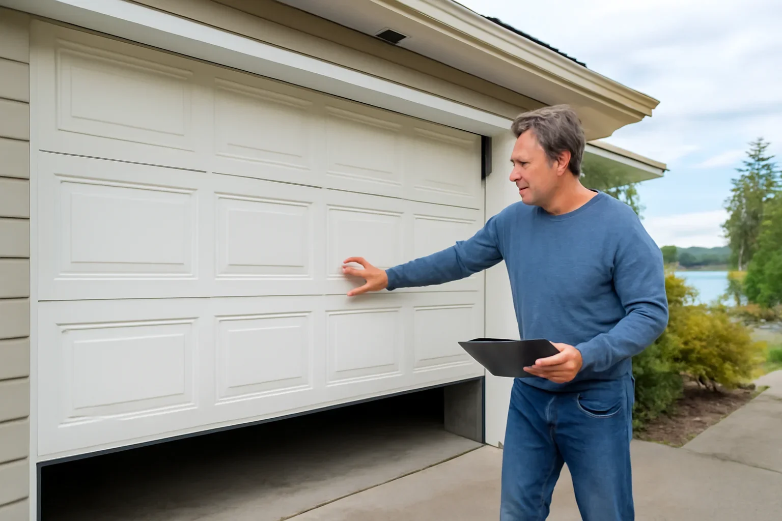 Homeowner reviewing uneven garage door movement at a residential garage