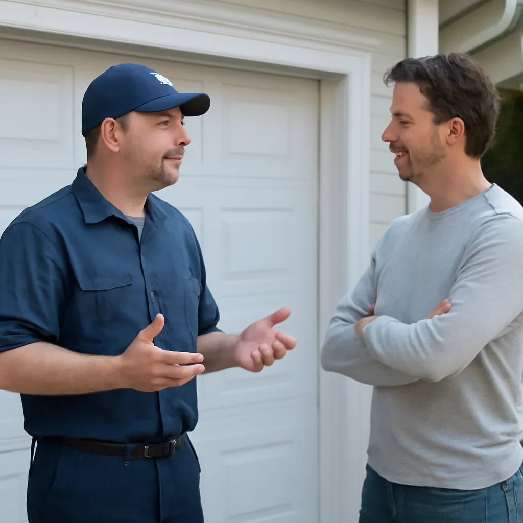Garage door technician discussing intermittent garage door opener operation with a North Vancouver homeowner