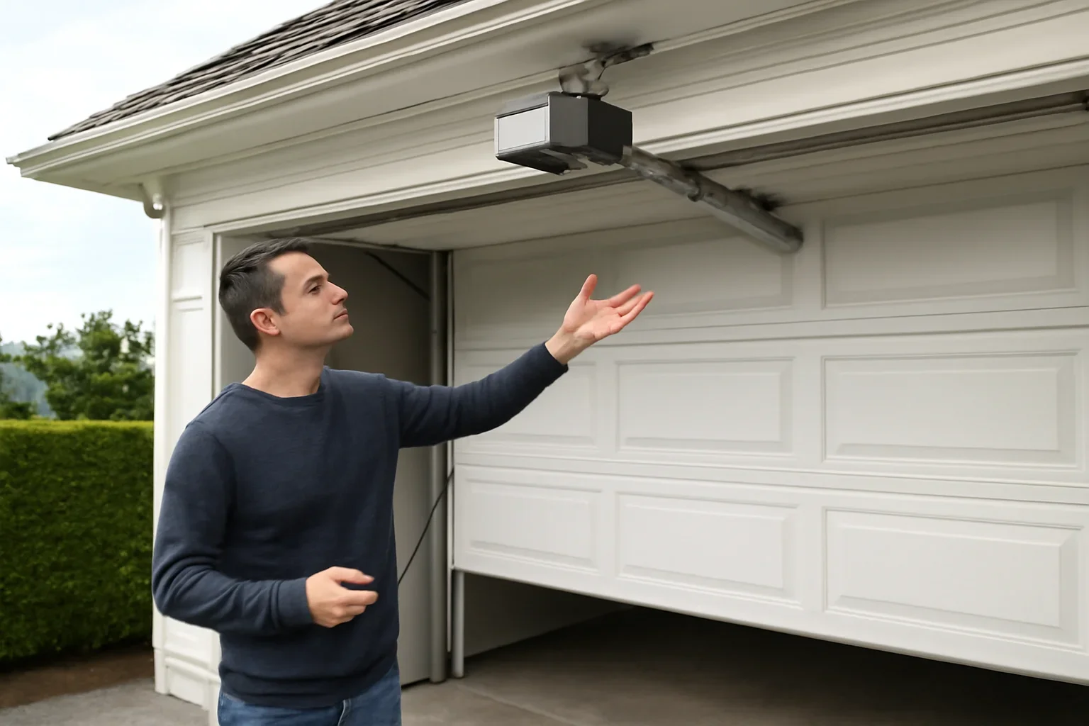 Homeowner reviewing intermittent garage door opener operation at a residential garage