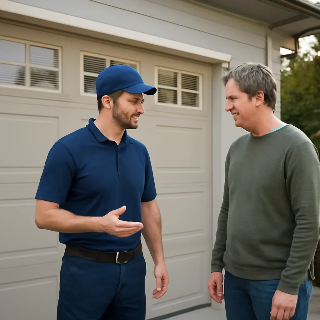 Garage door technician discussing slow garage door opening with a North Vancouver homeowner