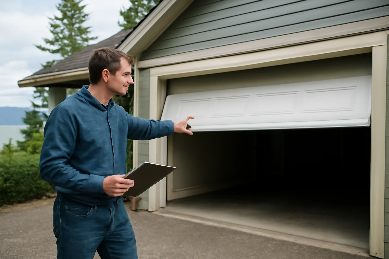 Homeowner reviewing slow garage door opening at a residential garage