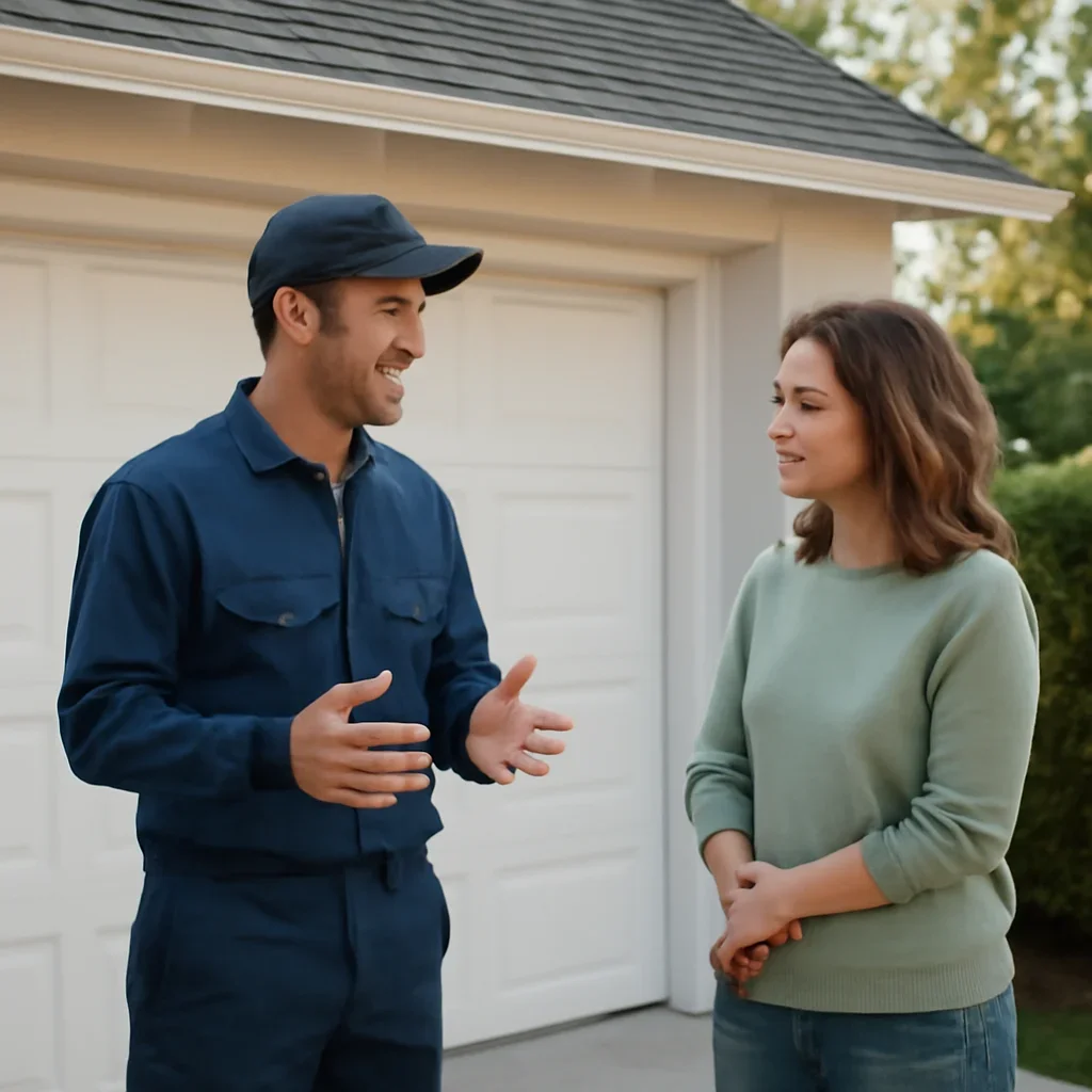 Garage door technician discussing shaking garage door movement with a North Vancouver homeowner