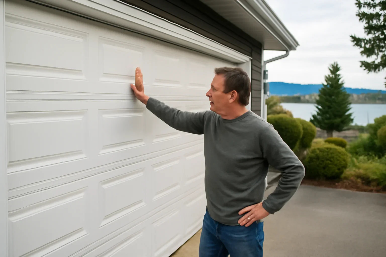 Homeowner reviewing shaking garage door movement at a residential garage