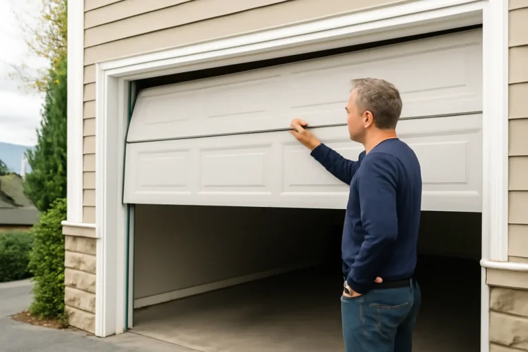Homeowner reviewing a garage door stopping halfway at a residential garage