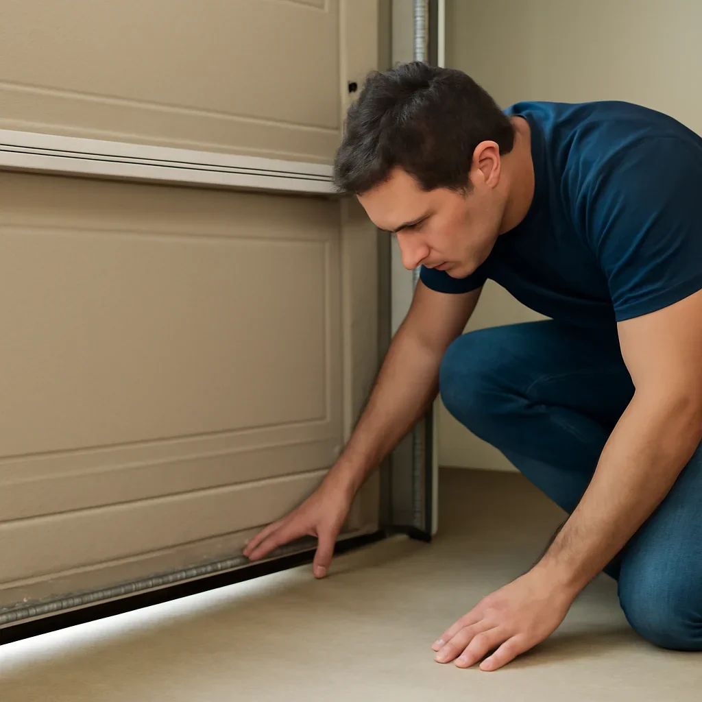 Close inspection of garage door components related to daylight gaps around a closed garage door