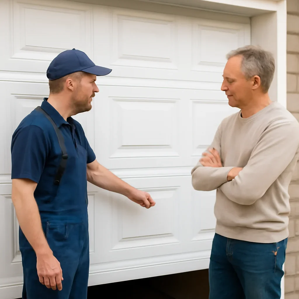 Garage door technician discussing daylight gaps around a closed garage door with a North Vancouver homeowner