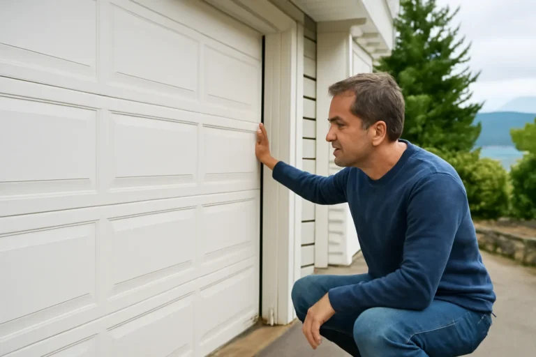 Homeowner reviewing daylight gaps around a closed garage door at a residential garage